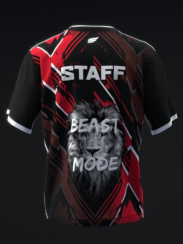 Black and red bowling jersey with wolf graphic and Beast Mode text