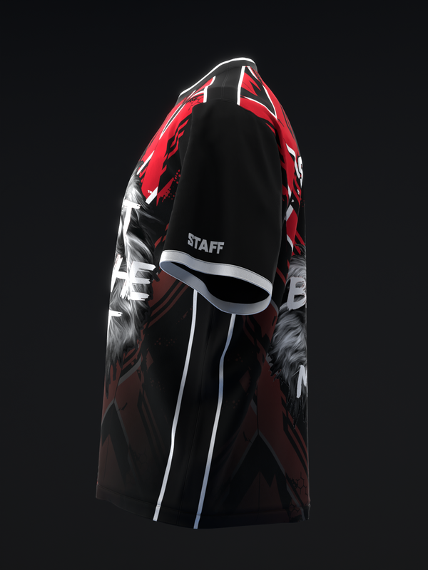 Black and red bowling jersey with white graphic design and Staff text