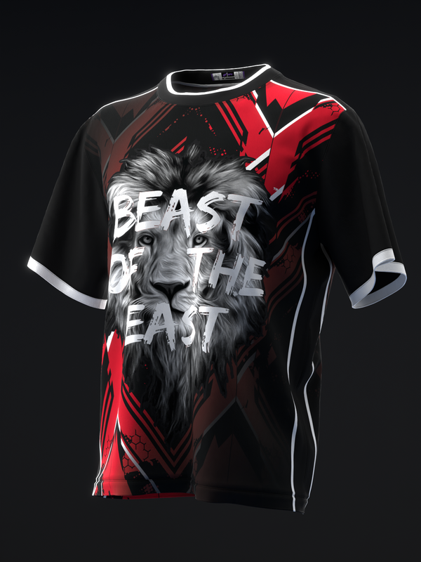 Black bowling jersey with red accents, lion graphic, and Beast of the East text