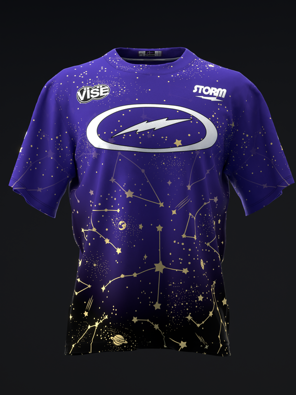 Purple bowling jersey with constellation pattern and white oval logo, front view