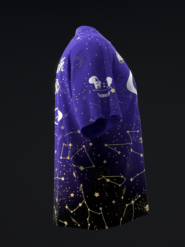 Purple bowling jersey with constellation and star pattern design, side view