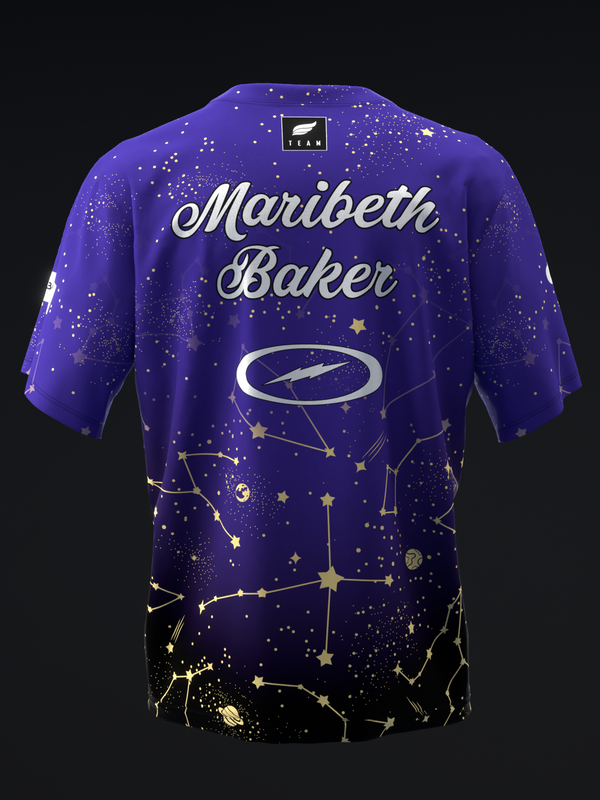 Purple bowling jersey with gold constellation pattern and Maribeth Baker name, back view