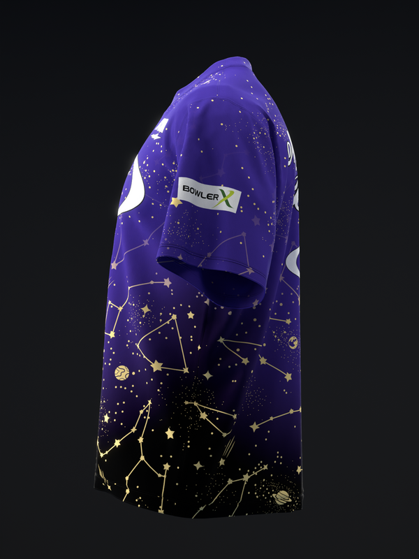 Purple bowling jersey with gold constellation pattern and white accents, front view