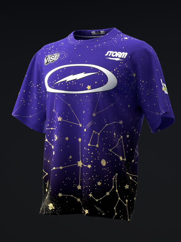 Purple bowling jersey with constellation pattern and gold stars fading to black, front view