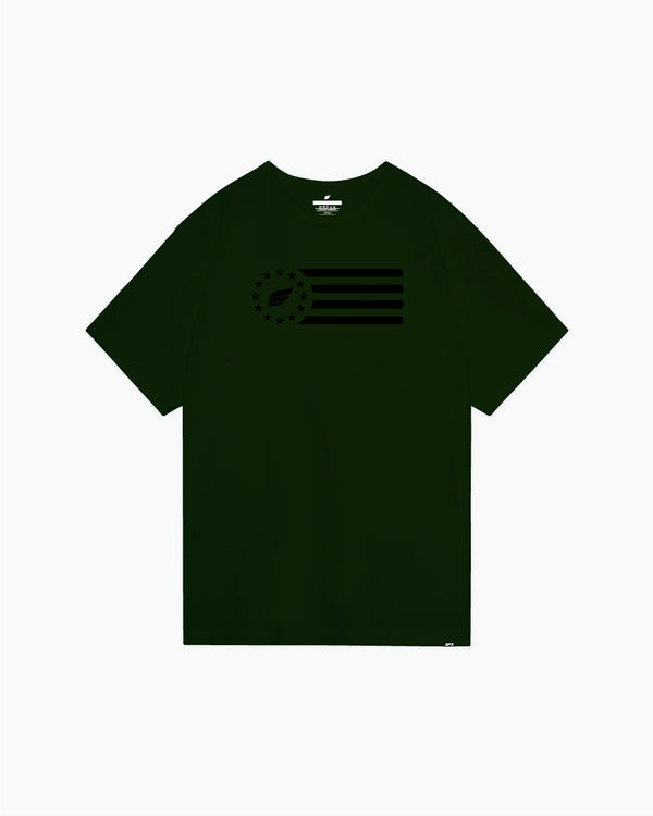 Dark green tee with black bowling pin flag graphic on front