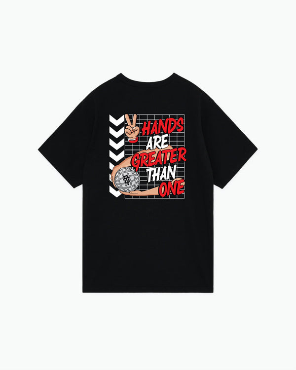 Black t-shirt with bowling graphic and colorful text design on back