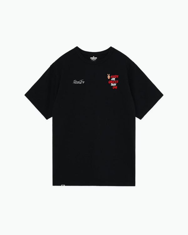 Black short-sleeve tee with small embroidered logos on chest, front view