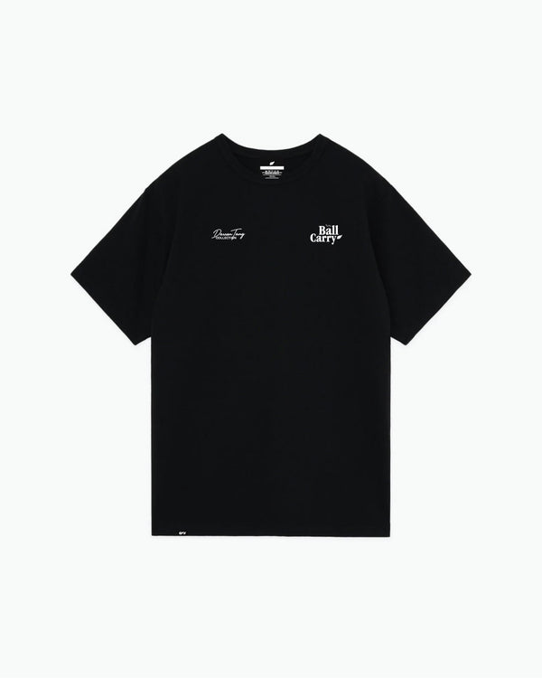 Black t-shirt with small white text logos on chest front view