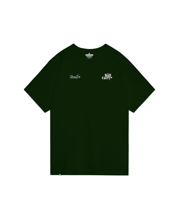 Dark green t-shirt with small white text logos on front chest area