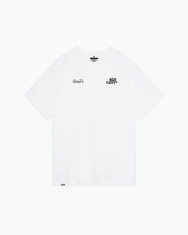 White bowling tee with black text graphics on front chest area