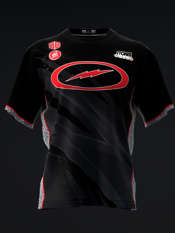 Black bowling jersey with red oval logo and lightning bolt graphic, front view