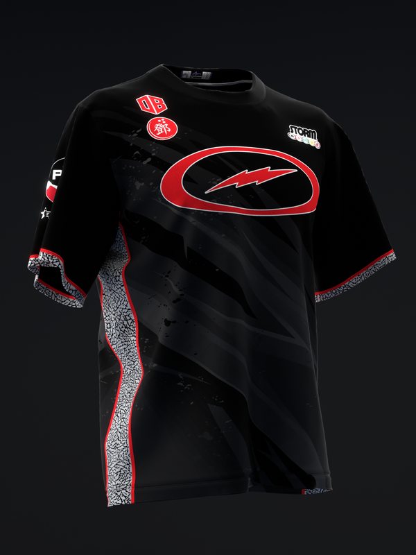 Black bowling jersey with red oval logo and lightning bolt graphic on front