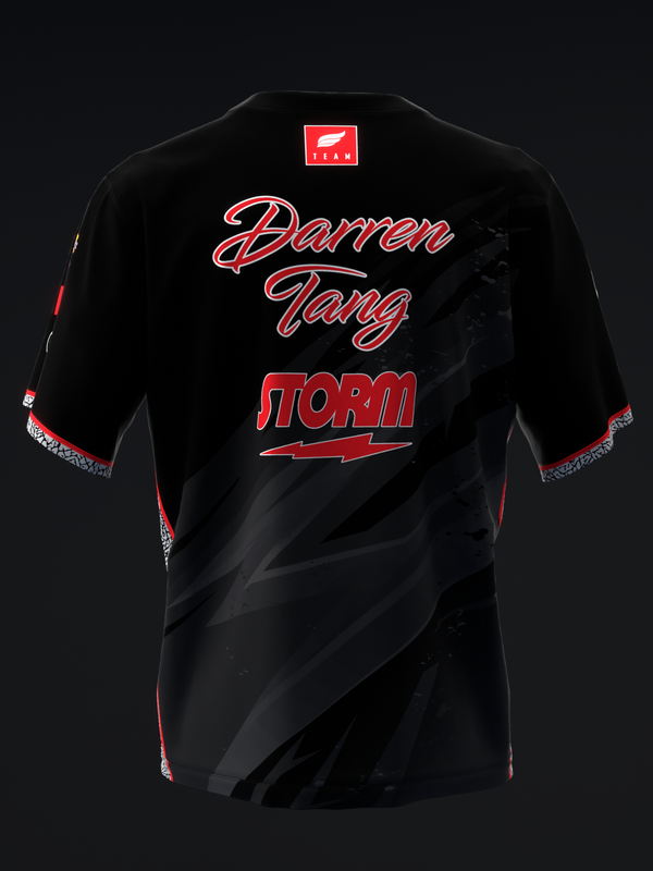 Black bowling jersey back with red Storm logo and Darren Tang name design
