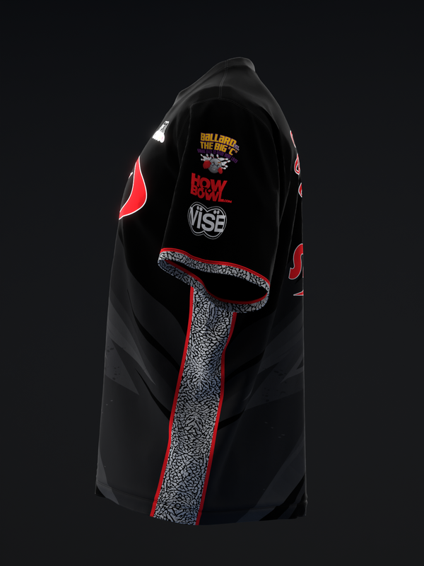 Black bowling jersey with red accents and cement texture graphic detail, front view