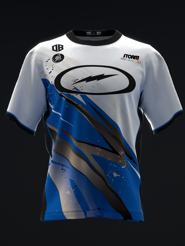 White and blue bowling jersey with black lightning bolt graphic design, front view