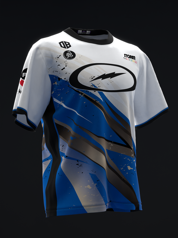 White and blue bowling jersey with lightning bolt graphic design, front view