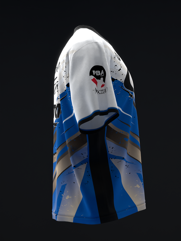 Blue and white bowling jersey with abstract lightning graphic and PBA logo