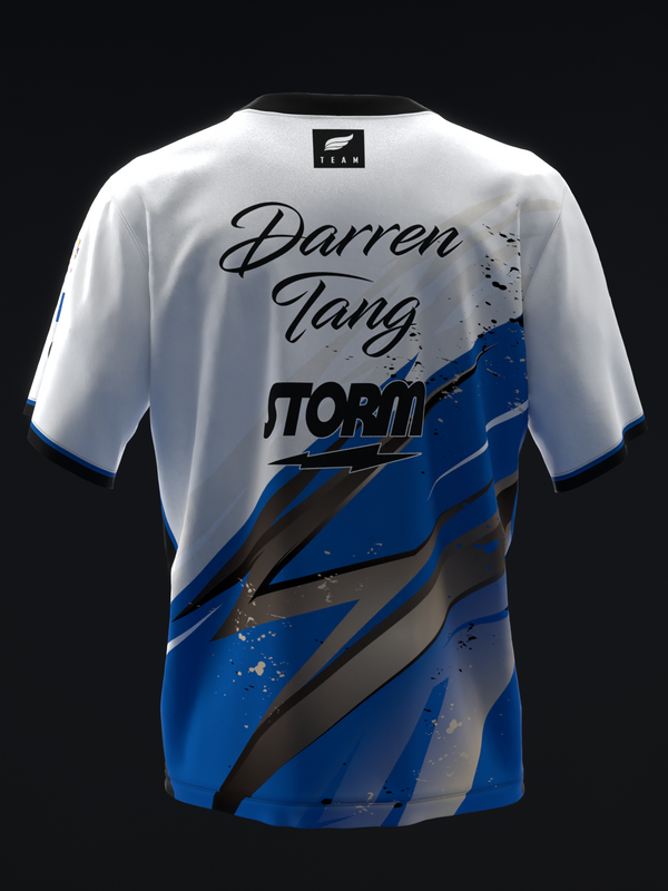White and blue bowling jersey with lightning fragment design and script text back view