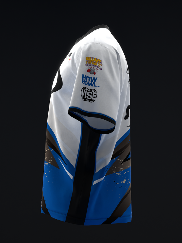 White and blue bowling jersey with sponsor logos and black accent stripes