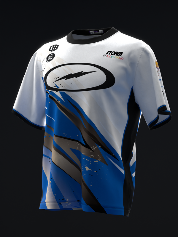 White bowling jersey with blue and black lightning graphic design, front view