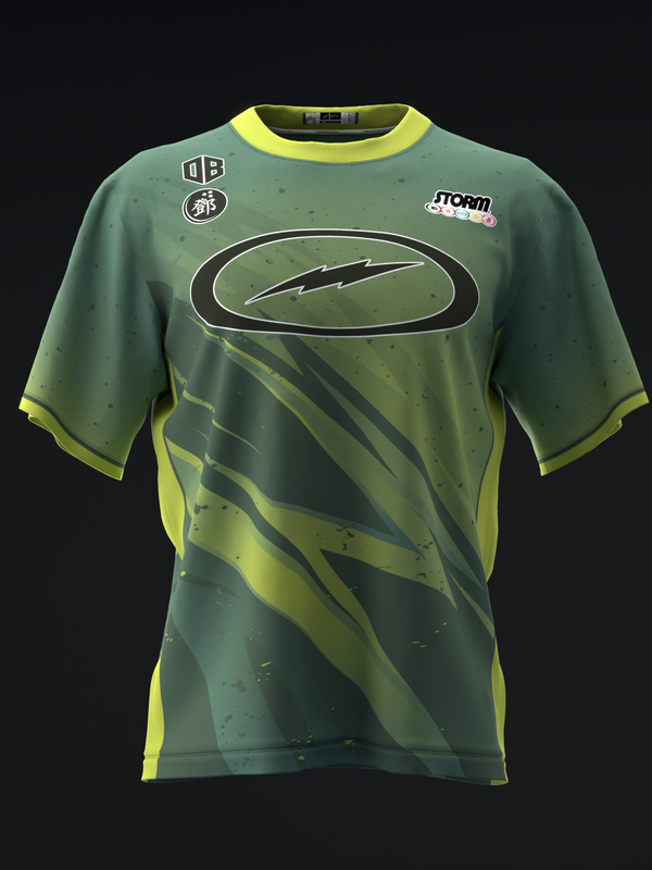 Green and lime bowling jersey with lightning bolt graphic and oval logo on front