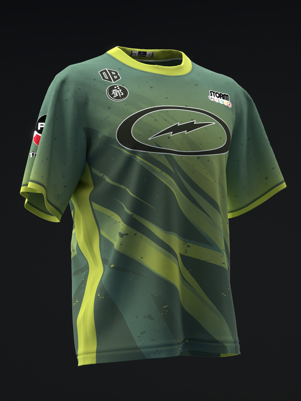 Green and yellow bowling jersey with lightning bolt graphic and logos on front