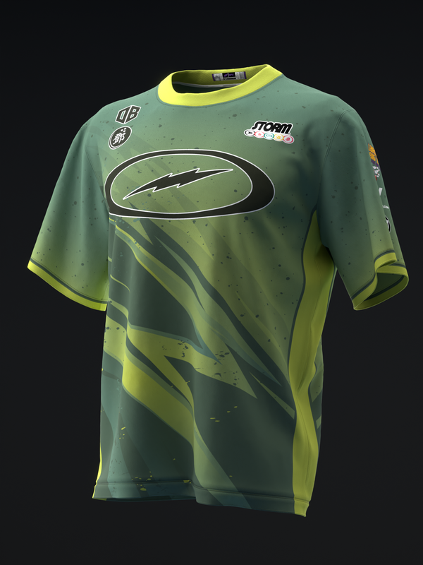 Green and yellow bowling jersey with lightning bolt graphic and Storm logo