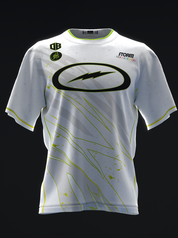 White bowling jersey with lime green accents and black lightning oval graphic, front view
