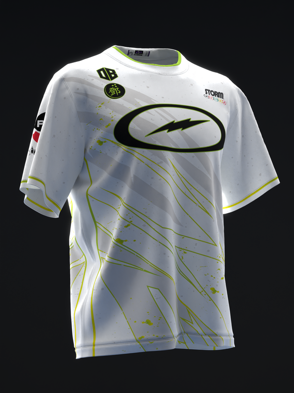 White bowling jersey with lime green lightning bolt and abstract line pattern on front