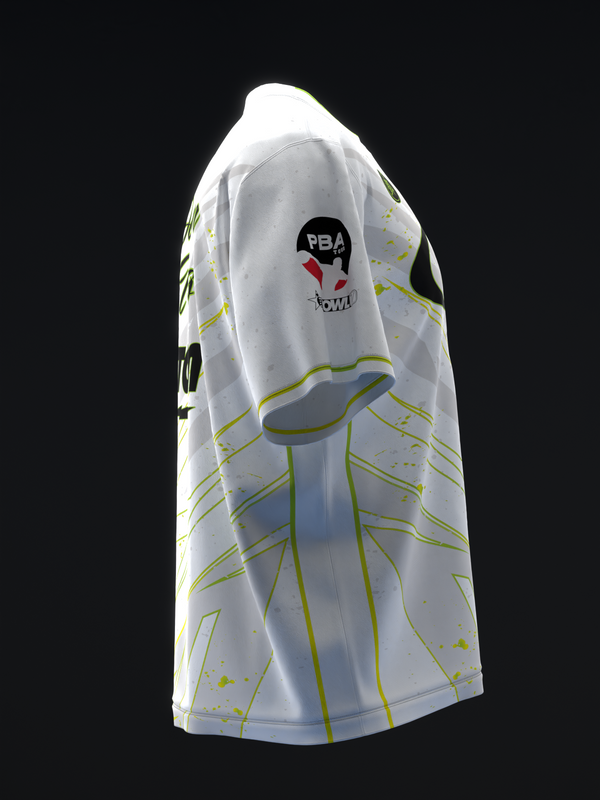 White bowling jersey with yellow-green lightning bolt pattern and PBA logo on back