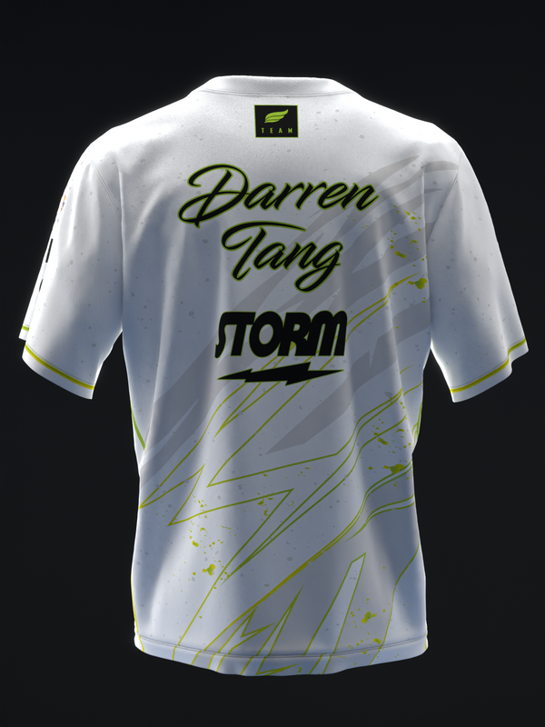 White bowling jersey with yellow-green lightning streaks and text design, back view