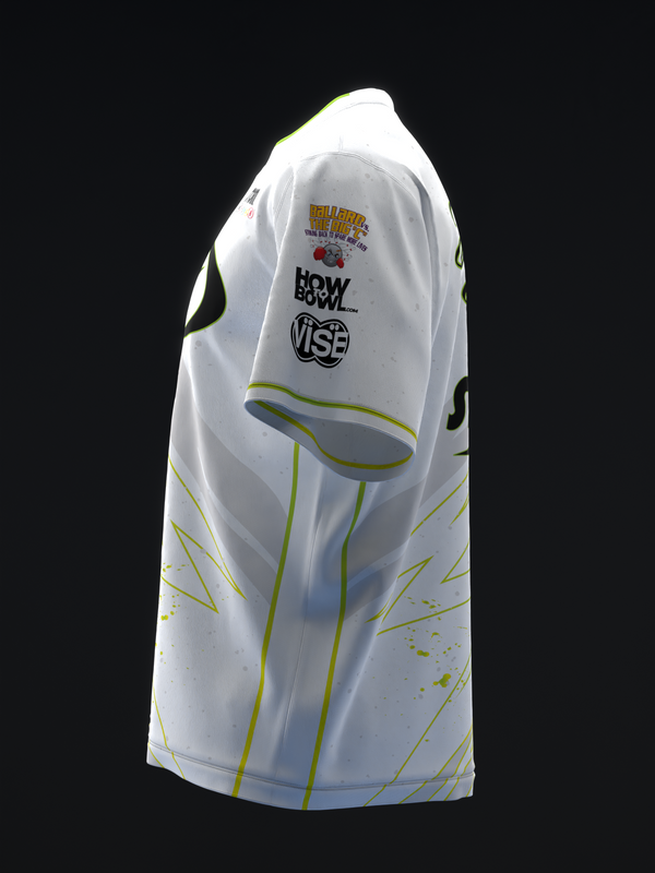 White bowling jersey with neon lime green lightning bolt design and logos