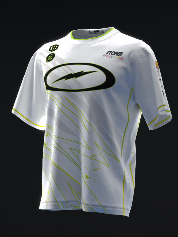 White bowling jersey with black oval graphic and lime green accent lines, front view