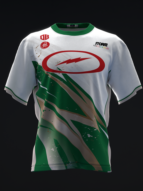 White and green bowling jersey with red lightning bolt graphic on front