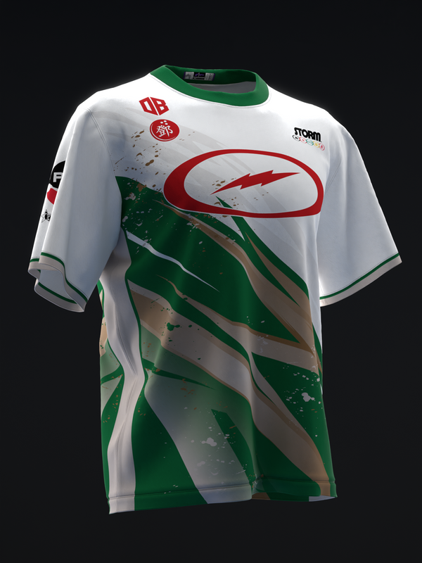 White and green bowling jersey with red lightning bolt graphic and diagonal stripes front view