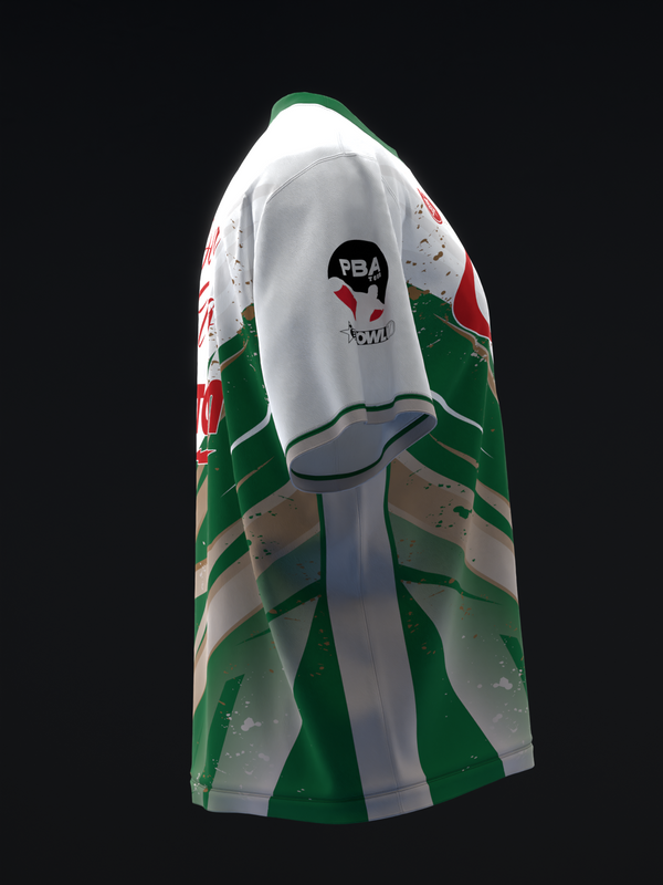 Bowling jersey with green, white, and red geometric design and PBA logo on front
