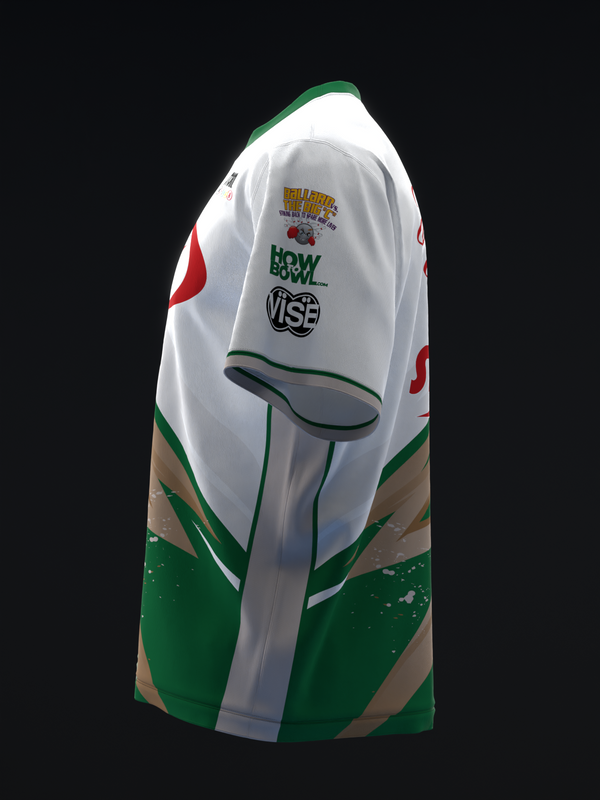 White bowling jersey with green and tan color blocking and sponsor logos