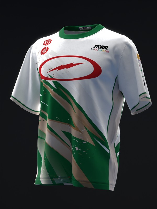 White bowling jersey with green and tan diagonal stripes, red lightning graphic front view
