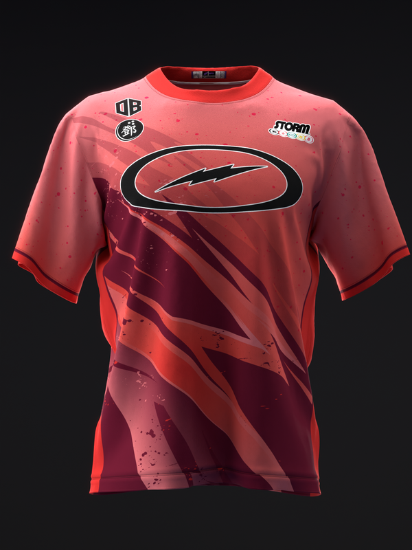 Red bowling jersey with abstract lightning graphic and oval logo on front