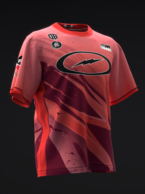 Red bowling jersey with black oval logo and abstract streaked graphic design, front view