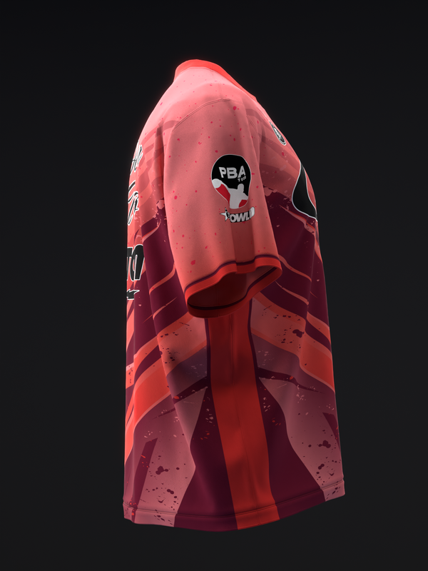 Red bowling jersey with black lobster graphic and splatter pattern design, back view