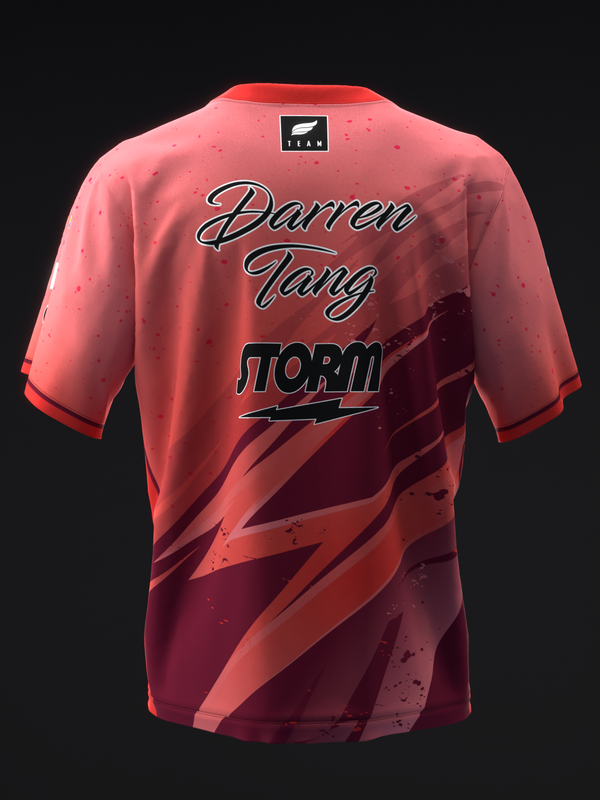 Back view of red bowling jersey with diagonal lightning stripe graphic and personalization text