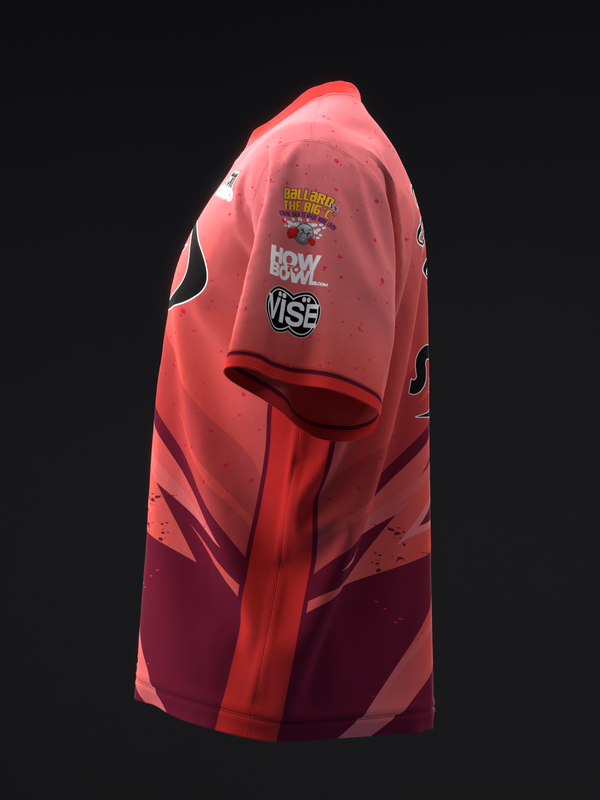 Red bowling jersey with gradient design, sponsor logos, and abstract graphic detail