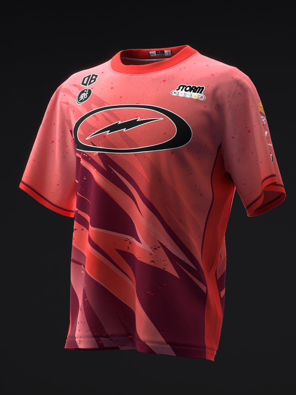 Red bowling jersey with lightning graphic and oval logo design, front view