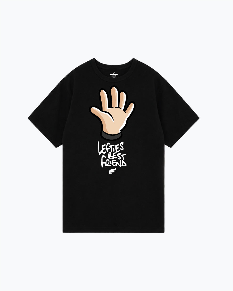 Black tee with open hand graphic and white Lefties Best Friend text