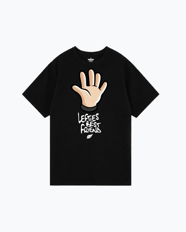 Black tee with open hand graphic and white Lefties Best Friend text