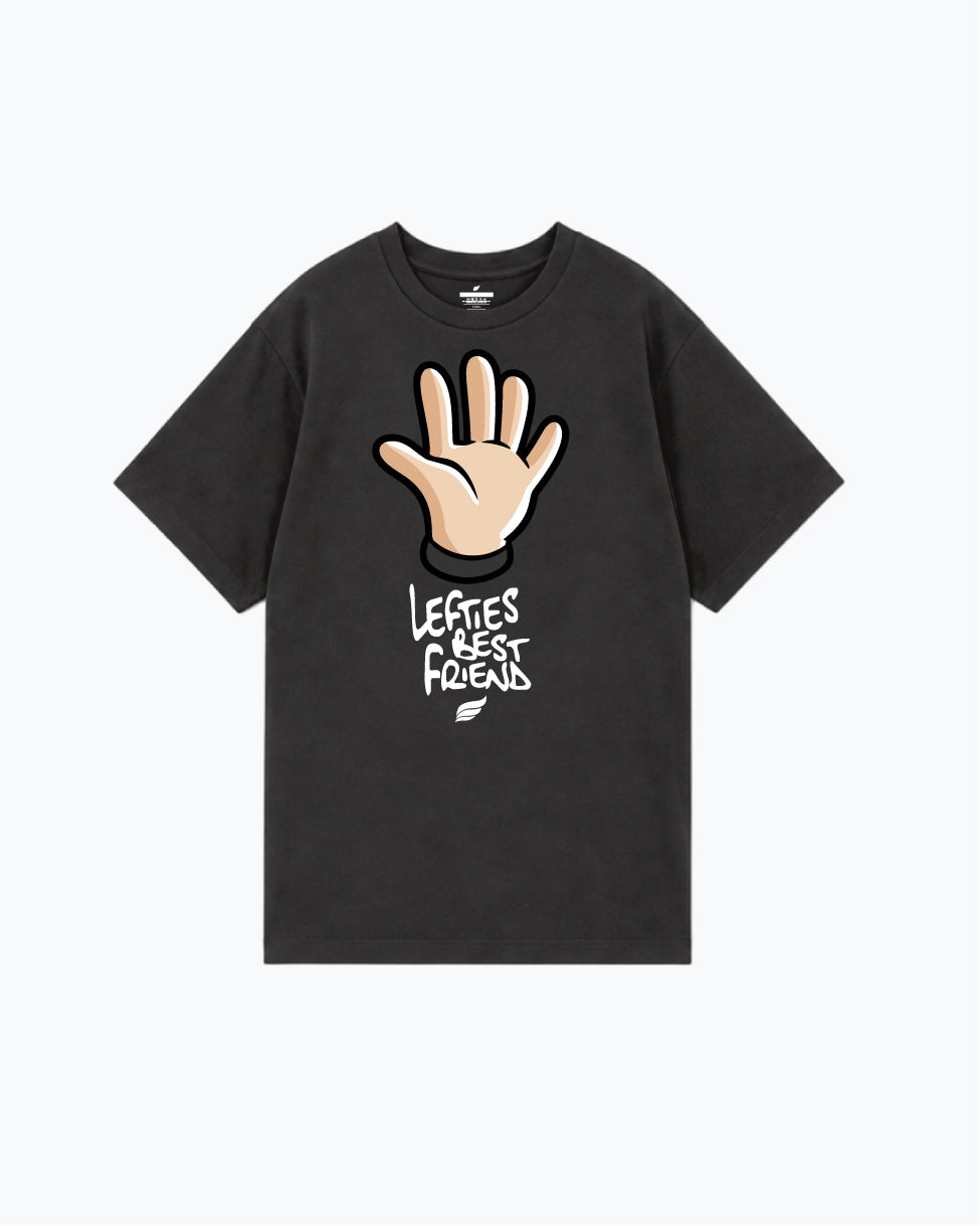 Black tee with illustrated hand and white text reading Lefties Best Friends