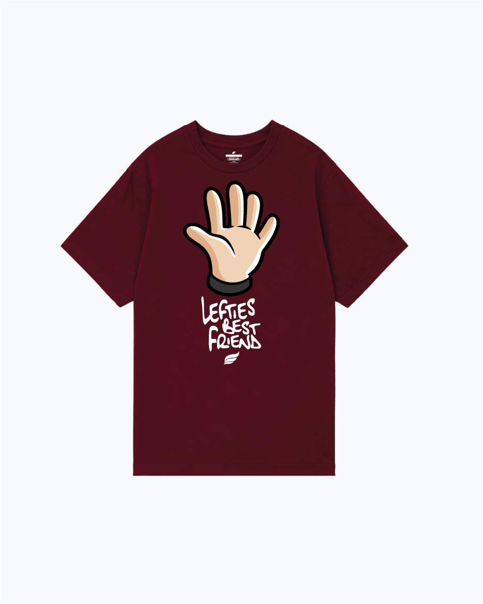 Maroon bowling tee with open hand graphic and text reading Lefties Best Friend