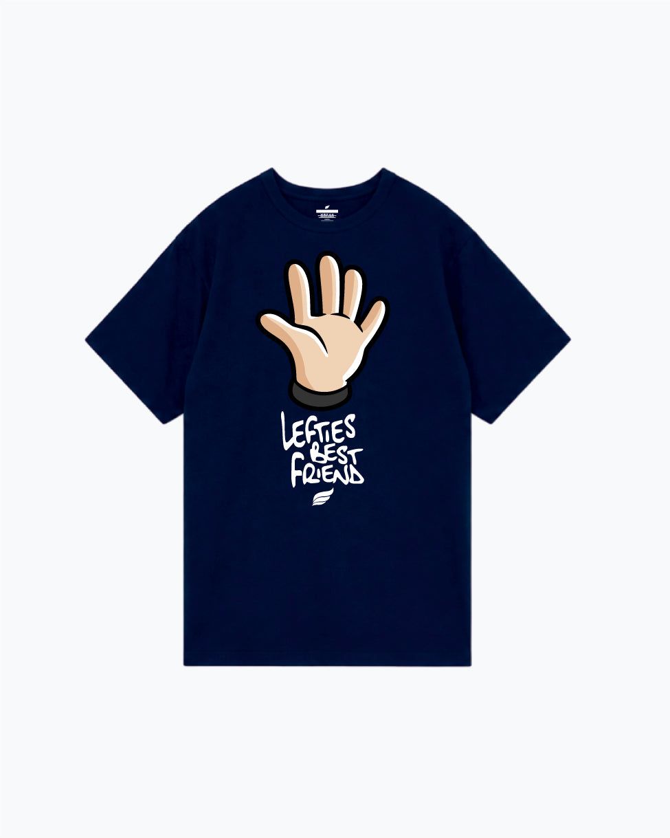 Navy t-shirt with open hand graphic and "Lefties Best Friends" text