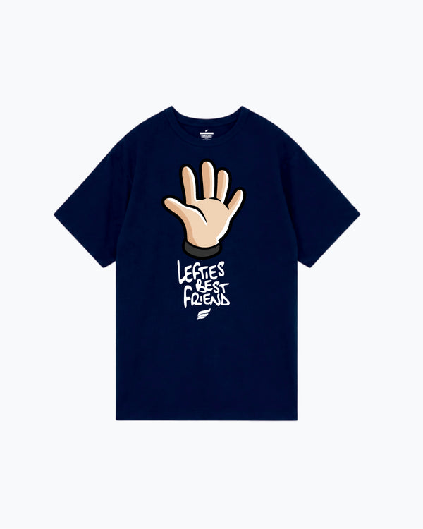 Navy t-shirt with open hand graphic and "Lefties Best Friends" text